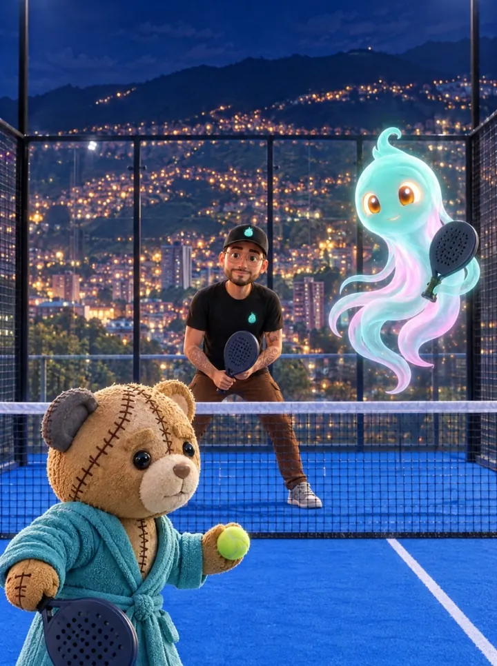 El Oso de peluche con bata turquesa va a sacar en una cancha de pádel de noche; al otro lado de la red esperan un jugador con gorra y Aurora, y detrás brilla Medellín.